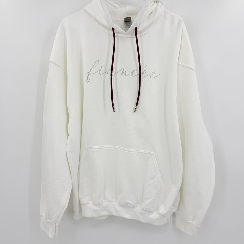 Gildan Heavy Blend White Hoodie Silver Glitter Fiance Bling Red Drawstring XL